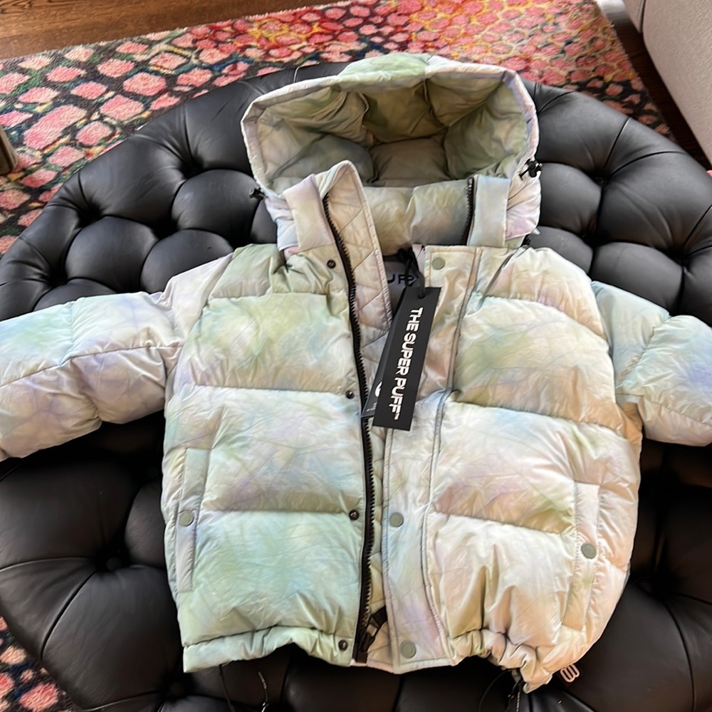 Blue green tie dyed cropped super puffer jacket